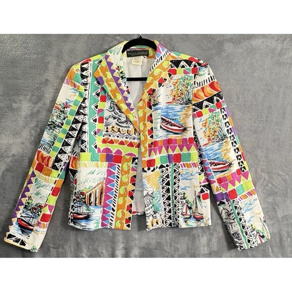 HARVE BENARD Women Blazer Size 12 Multicolor Long Sleeve Open Front Sailing 36-8 - Picture 1 of 10